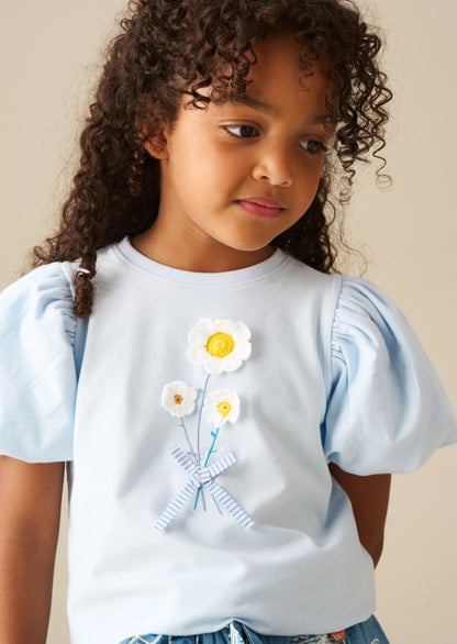 Daisy Flower Embroidered Puff Sleeve T Shirt
