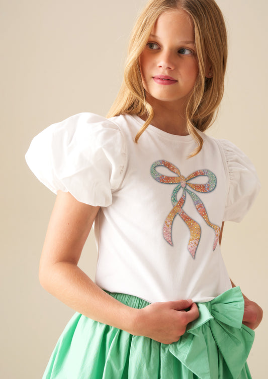 Elodie Sequin Bow Puff Sleeve Top