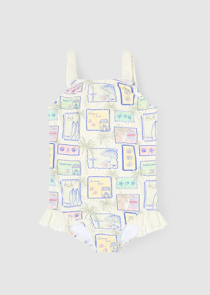 Emmie Postcard Print Frill Detail Swimsuit