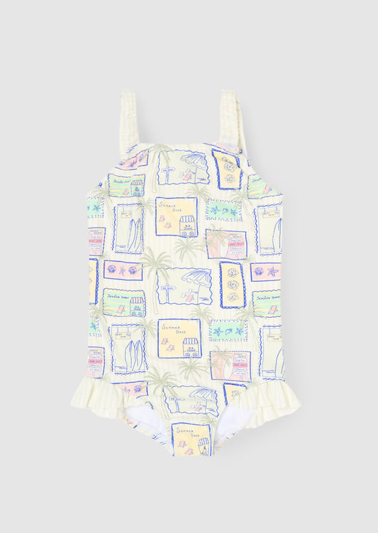 Emmie Postcard Print Frill Detail Swimsuit