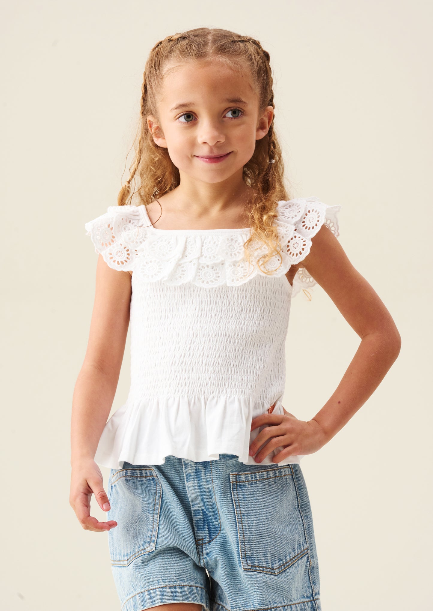 Charlie Broderie Frill Shirred Vest Top