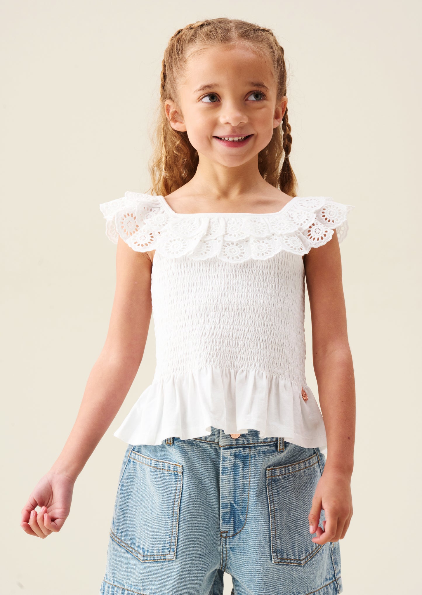 Charlie Broderie Frill Shirred Vest Top