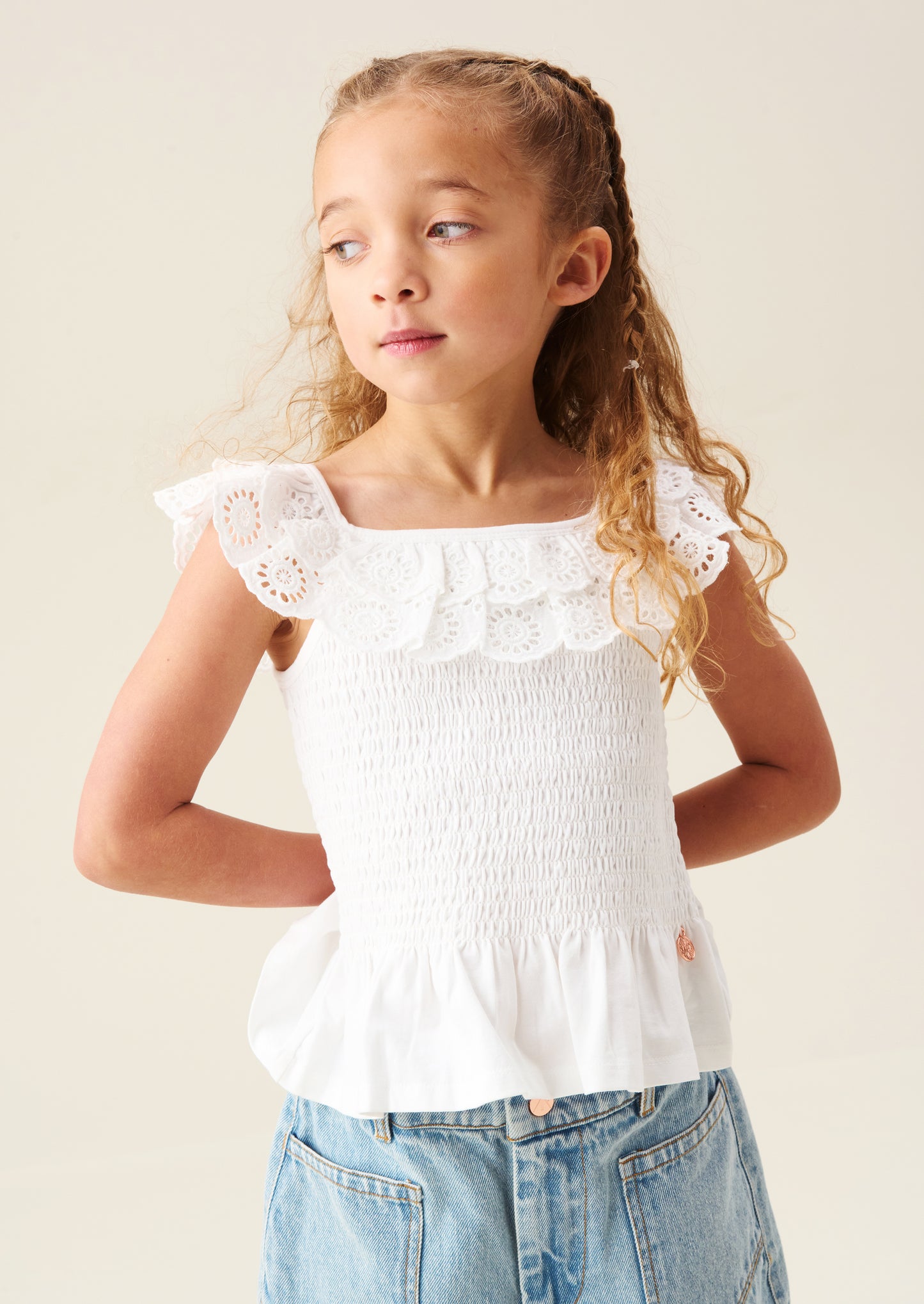 Charlie Broderie Frill Shirred Vest Top