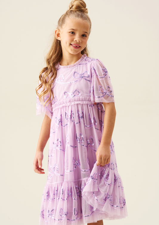 Delta Purple Bow Sequin Mesh Dress