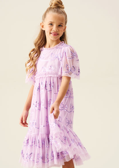 Delta Purple Bow Sequin Mesh Dress