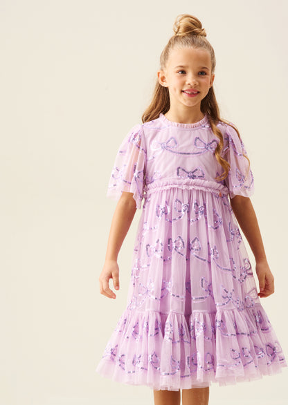 Delta Purple Bow Sequin Mesh Dress