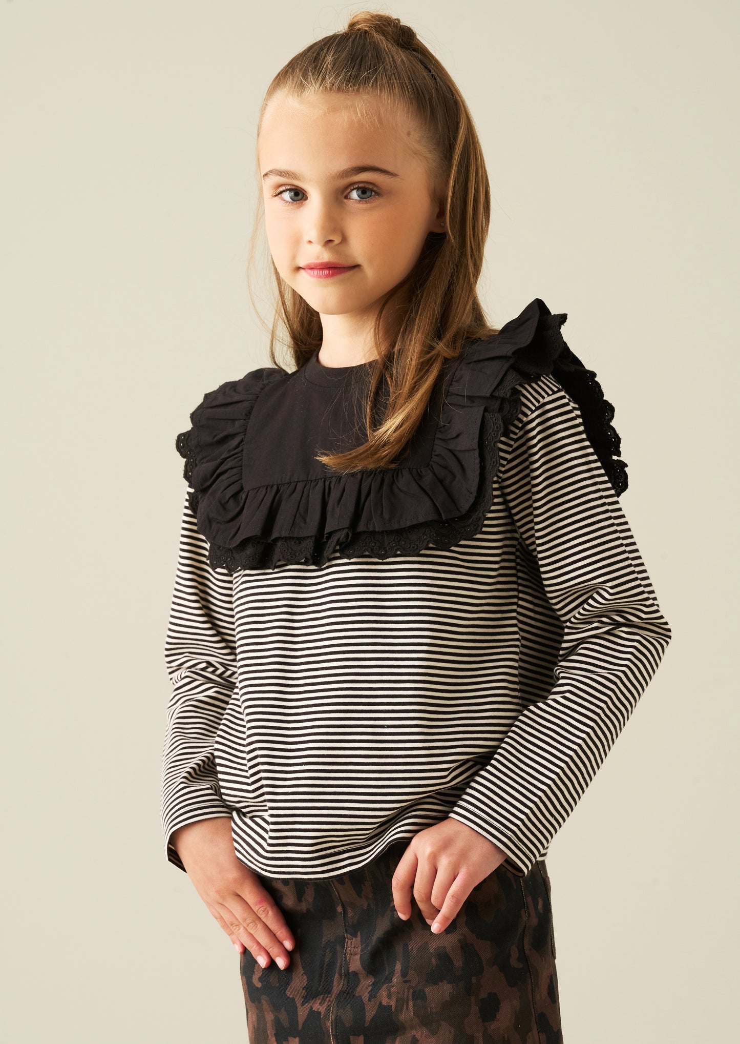Demi Woven Yoke Lace Trim Long Sleeve Top