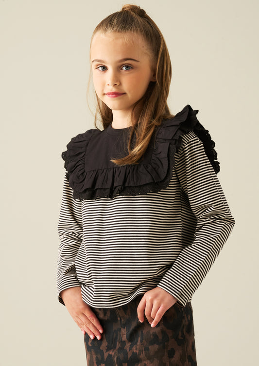 Demi Woven Yoke Lace Trim Long Sleeve Top