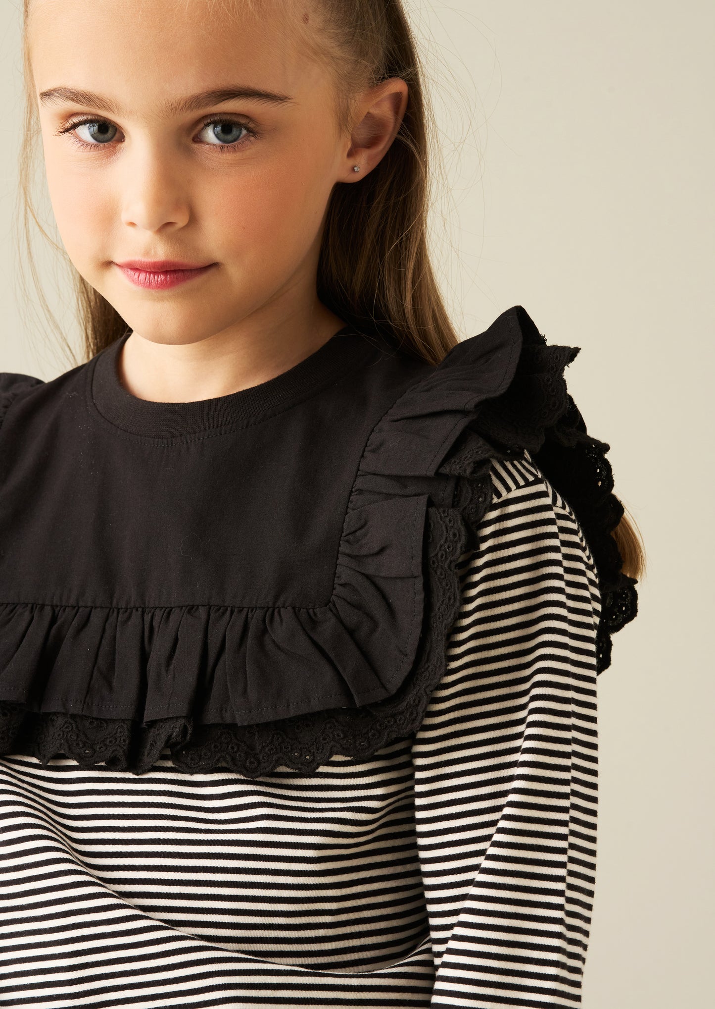 Demi Woven Yoke Lace Trim Long Sleeve Top
