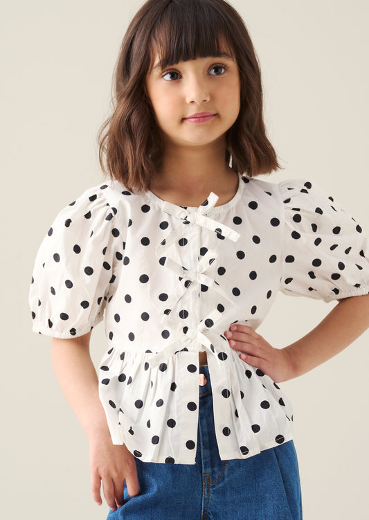 Amber Polka Dot Tie Front Top