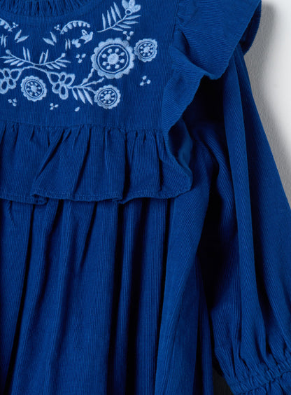 Theodora Blue Cord Embroidered Dress