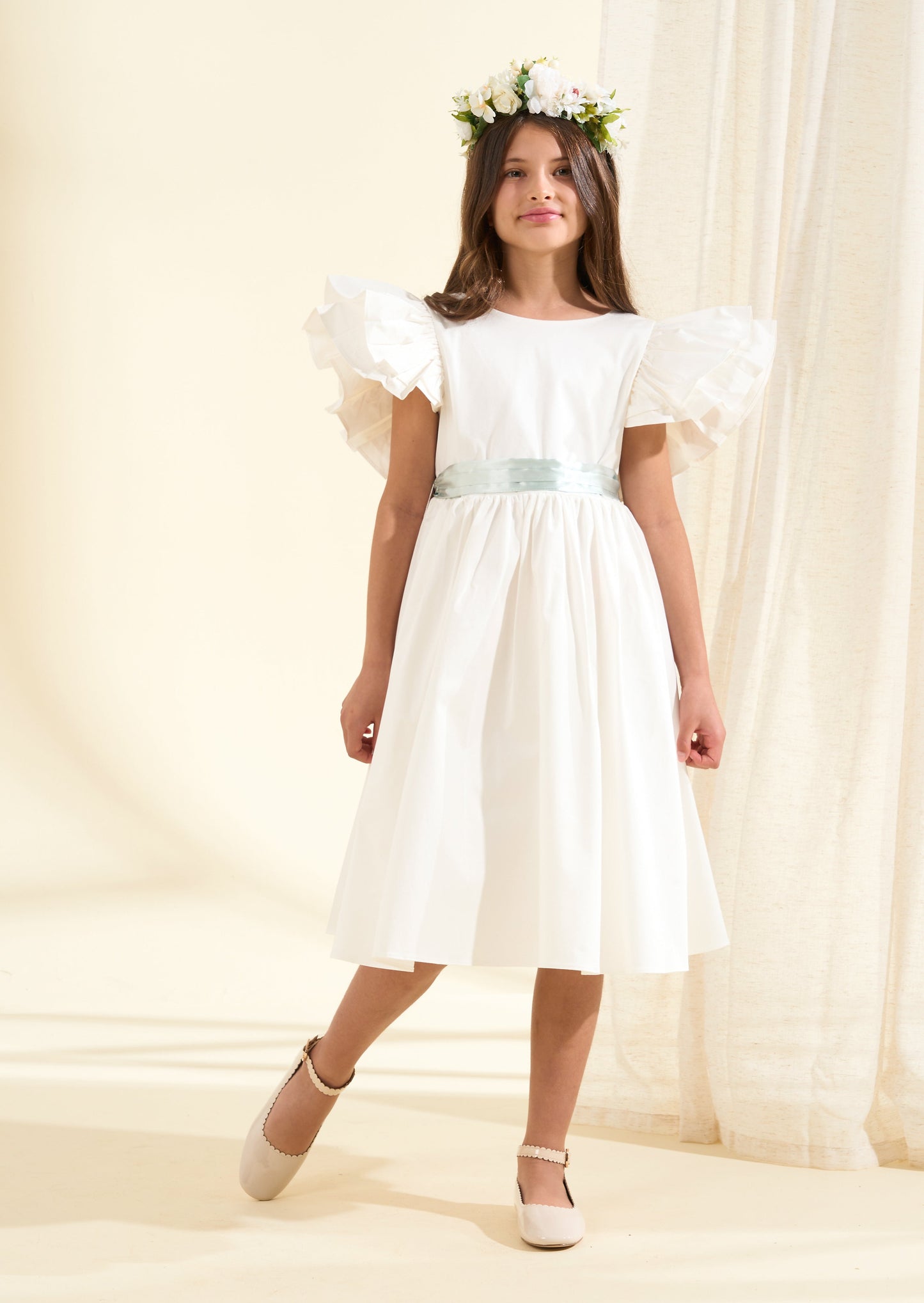 Sylvie Ruffle Dress with Sage Green Sash