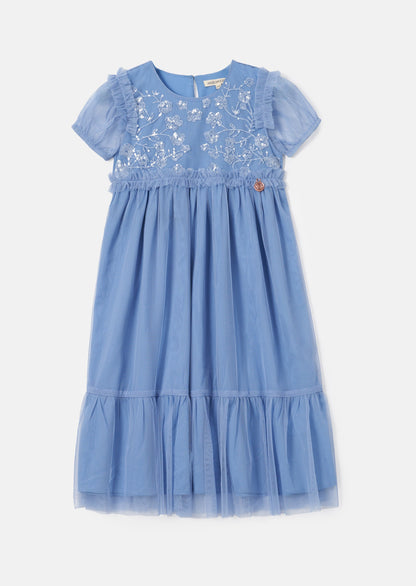 Luisa Blue Embroidered Yolk Mesh Dress