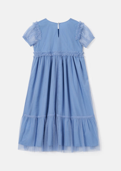 Luisa Blue Embroidered Yolk Mesh Dress