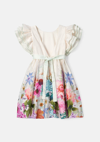 Emillie Ivory Print Border Tie Sash Dress