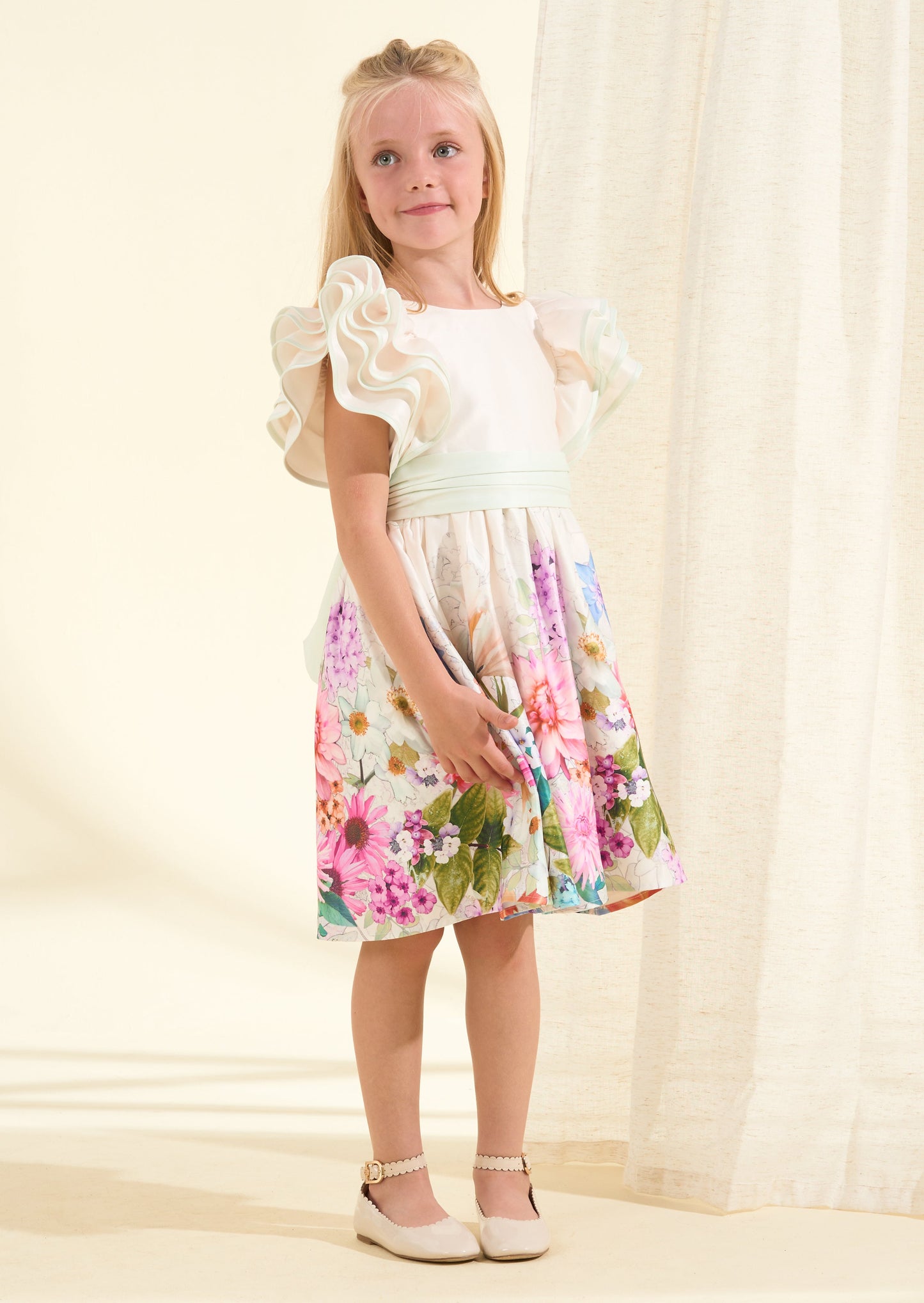 Emillie Ivory Print Border Tie Sash Dress