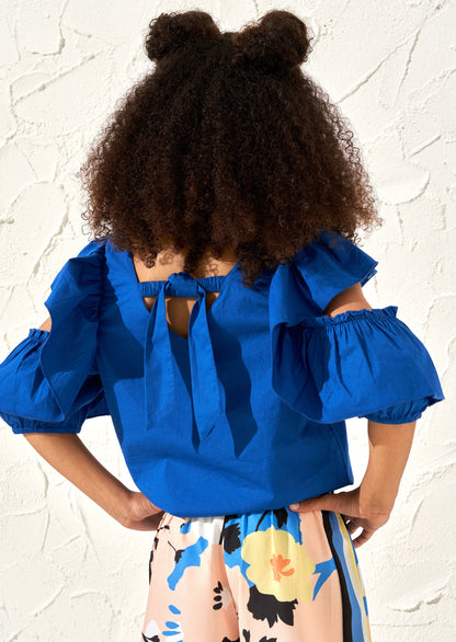 Nicole Cobalt Ruffle Shoulder Top