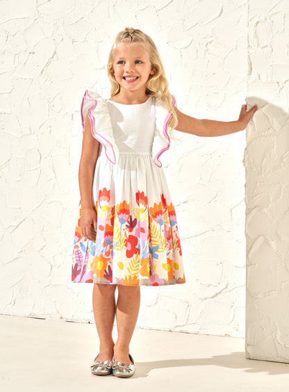 Renee White Border Print Ruffle Dress
