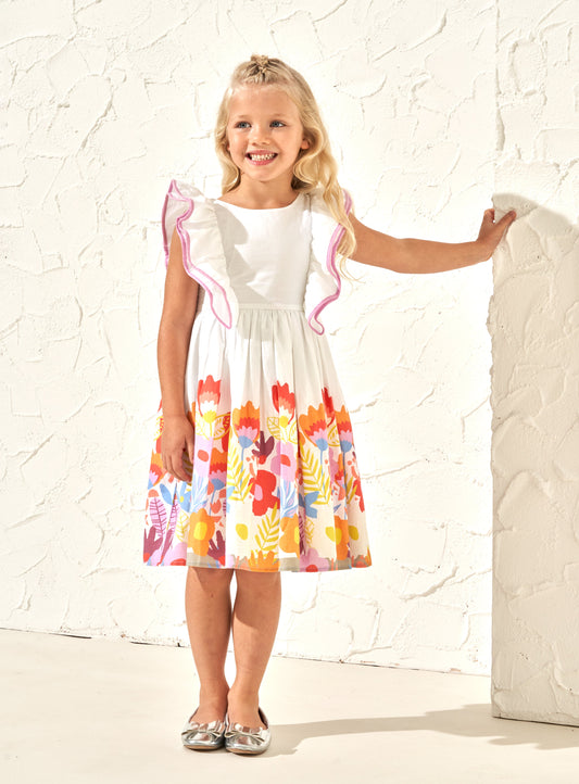 Renee White Border Print Ruffle Dress