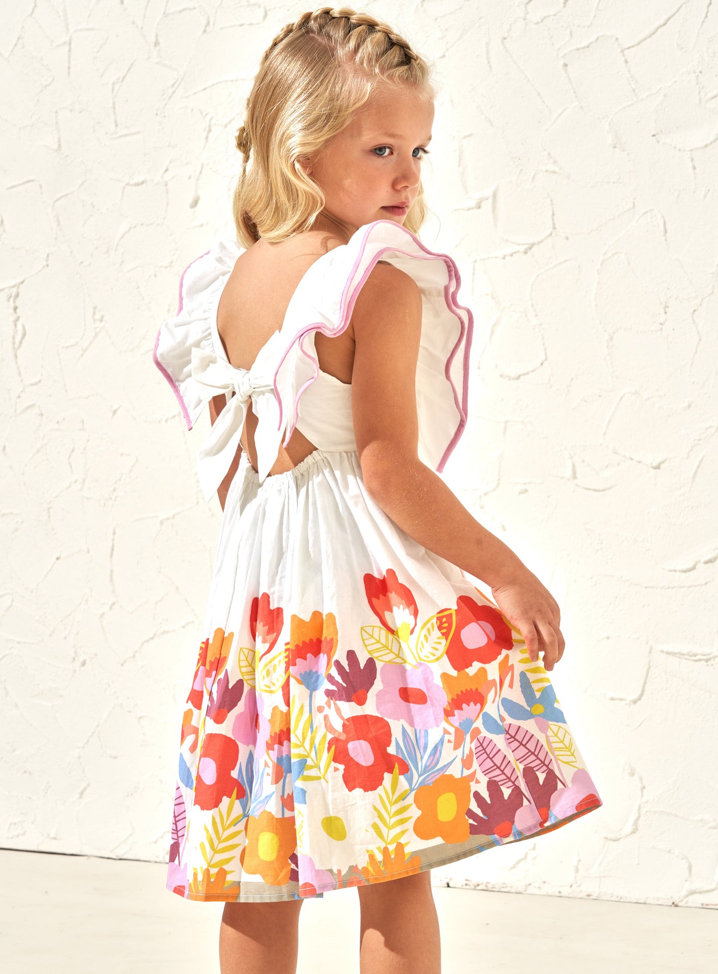 Renee White Border Print Ruffle Dress