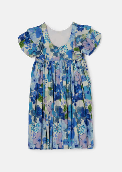 Celia Blue Floral Print Puff Sleeve Dress