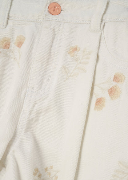 Raya Cream Embroidered Denim Short