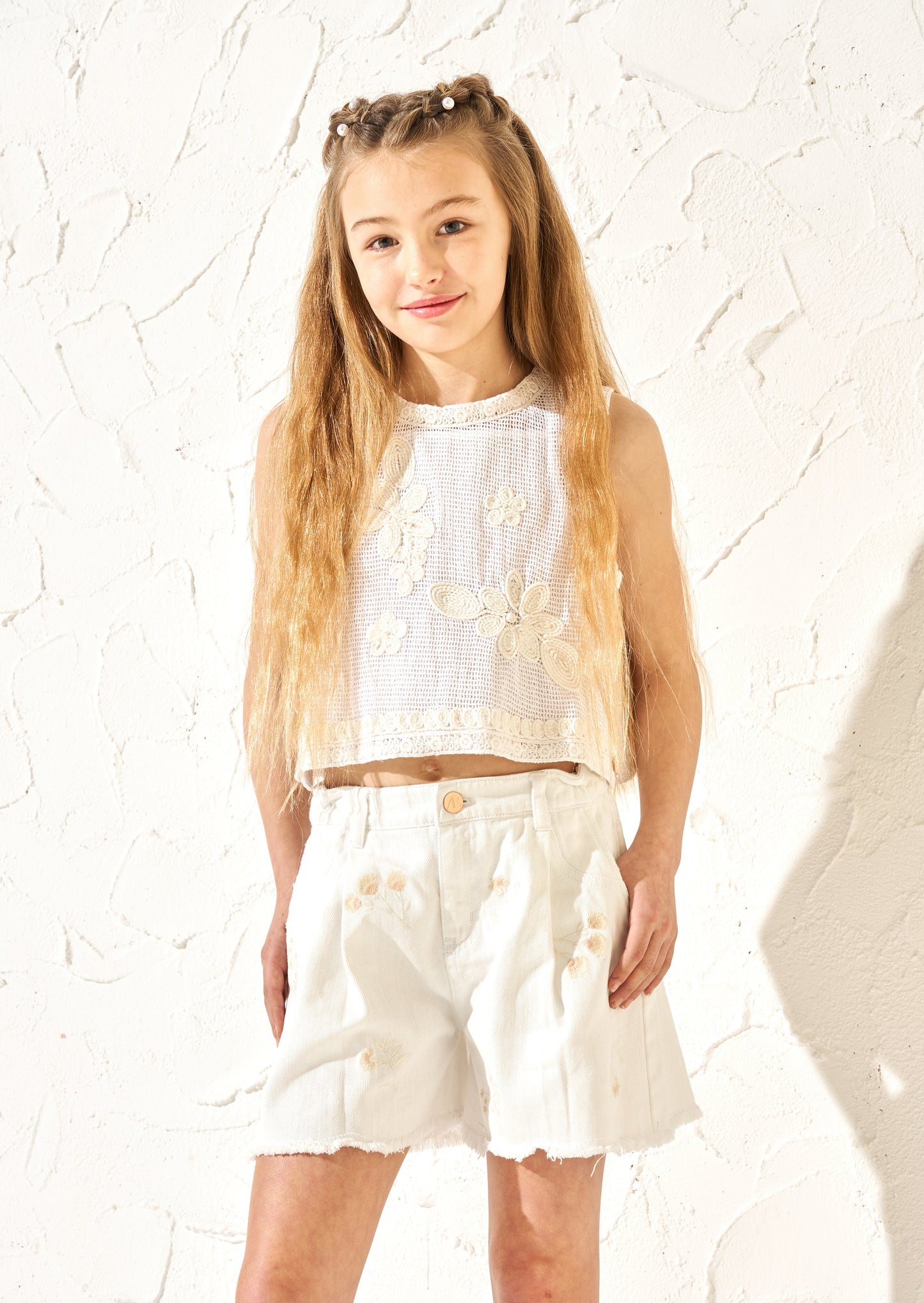 Raya Cream Embroidered Denim Short
