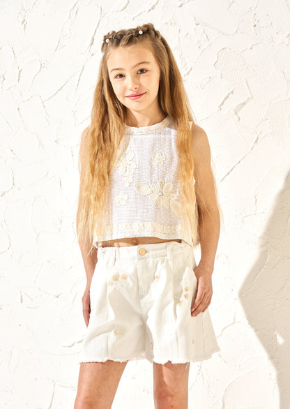 Raya Cream Embroidered Denim Short
