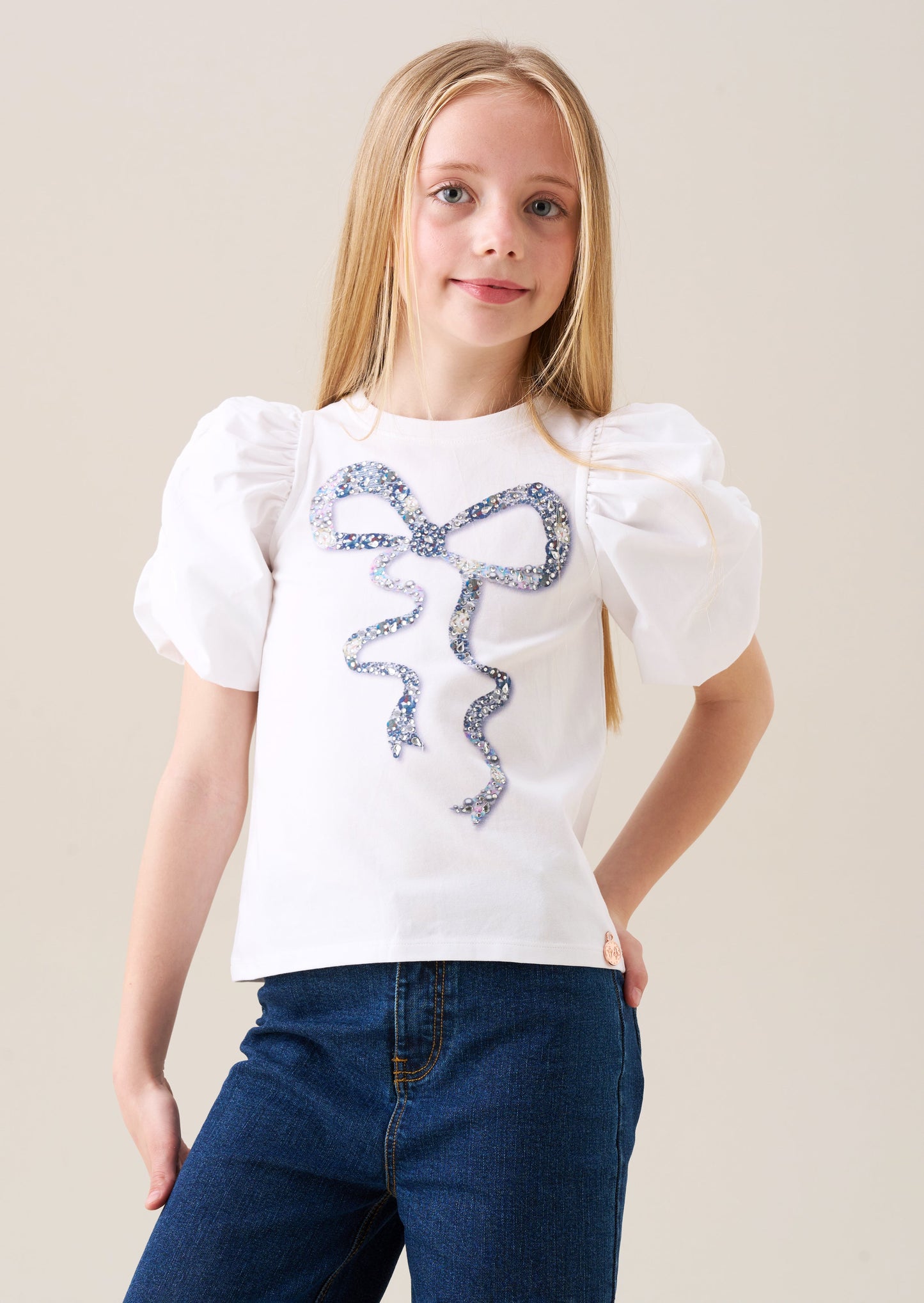 Aofie White Diamante Bow T Shirt