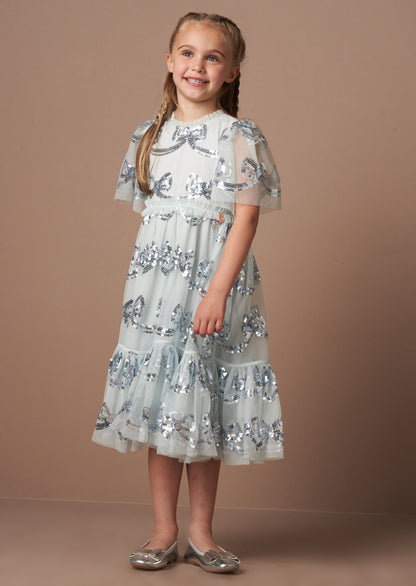 Delta Blue Sequin Bow Mesh Dress