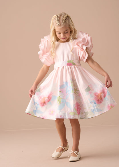 Emilie Pink Ruffle Sleeve Border Print Dress