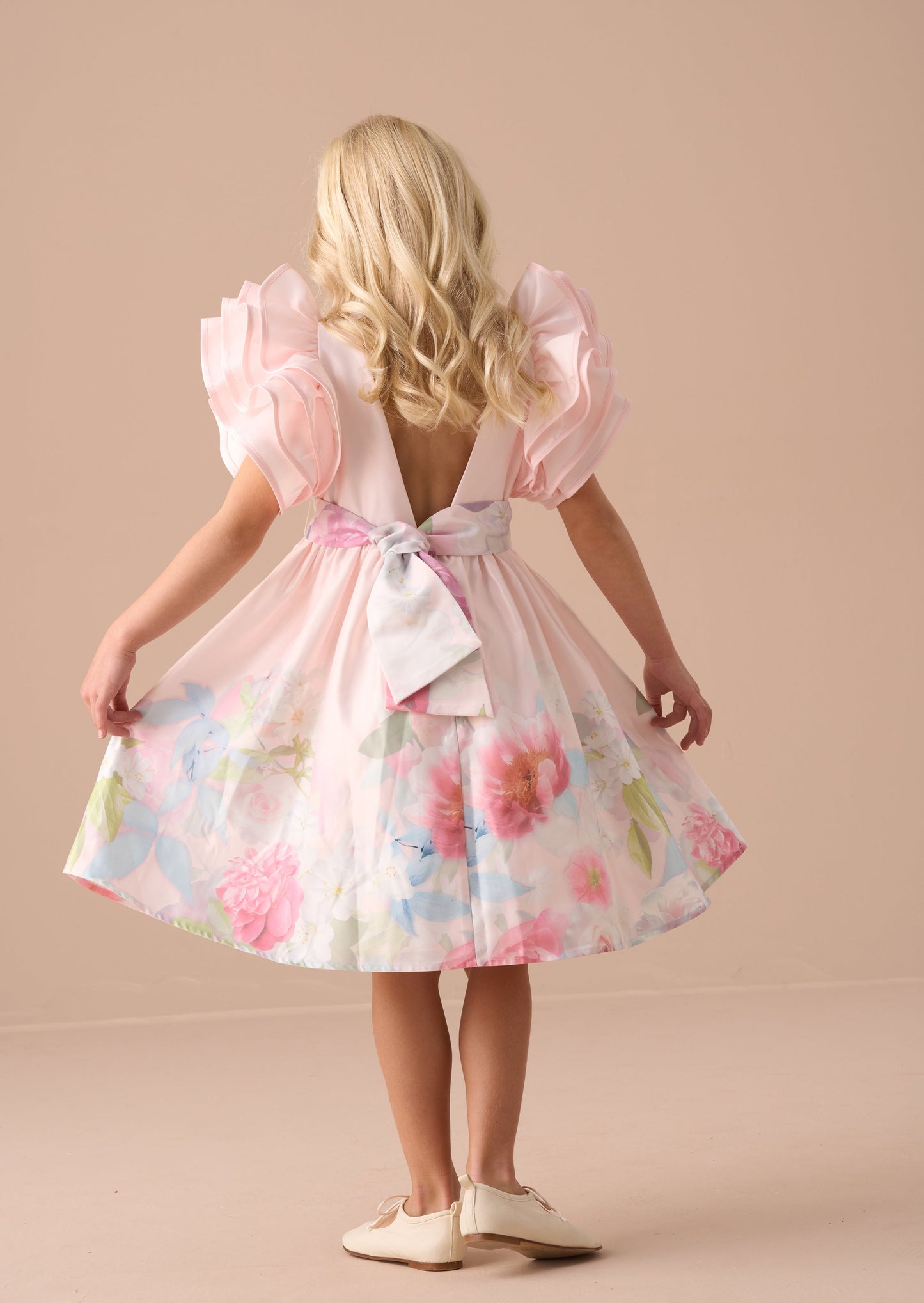 Emilie Pink Ruffle Sleeve Border Print Dress