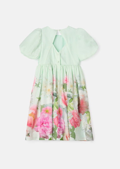 Anna Mint Border Print Puff Sleeve Dress