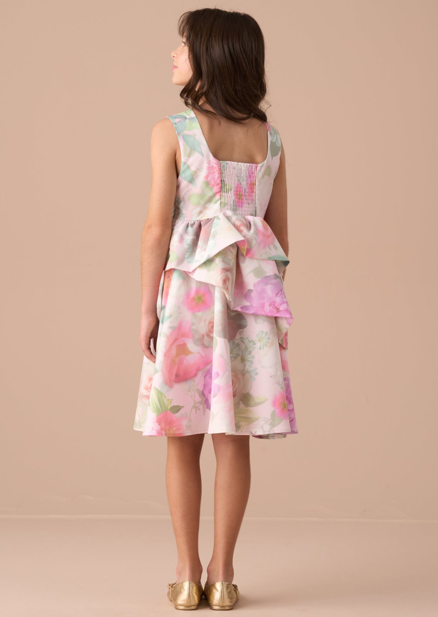Lilah Pink Peplum Tiered Print Dress