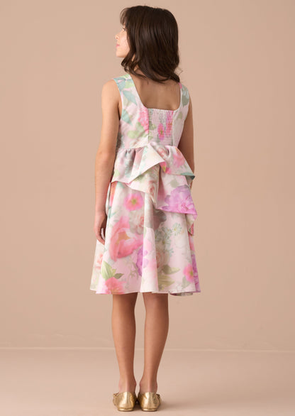 Lilah Pink Peplum Tiered Print Dress
