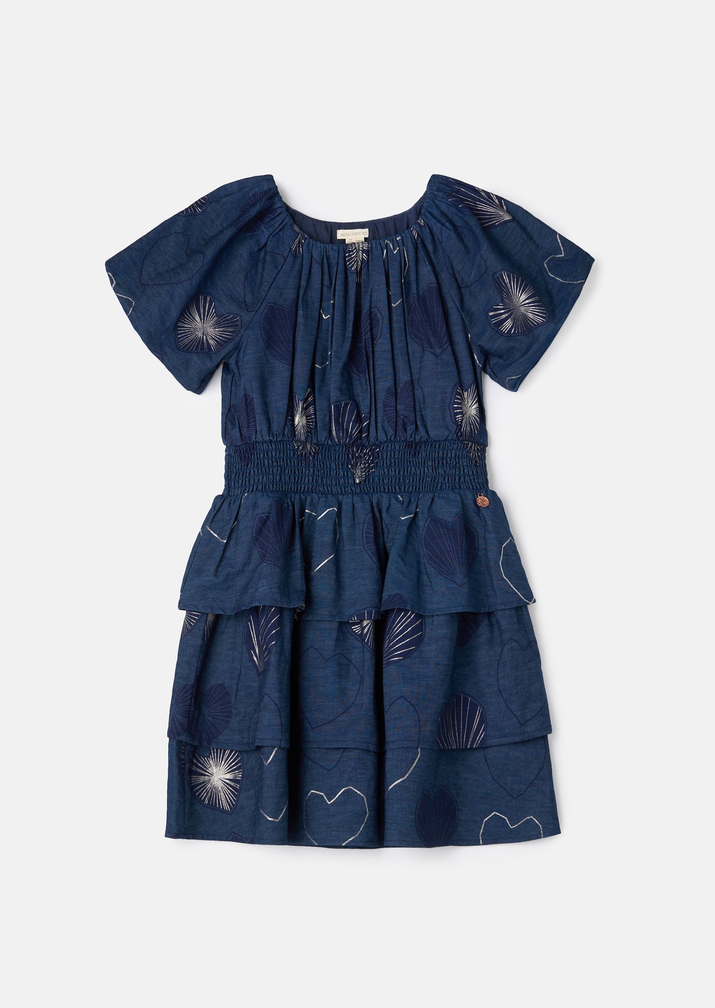 Eva Blue Foil Print Denim Tiered Dress