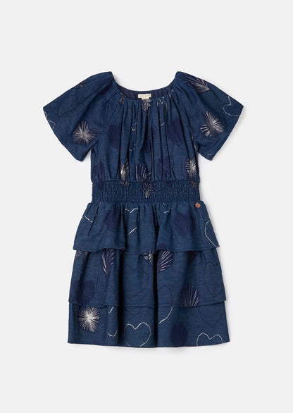 Eva Blue Foil Print Denim Tiered Dress