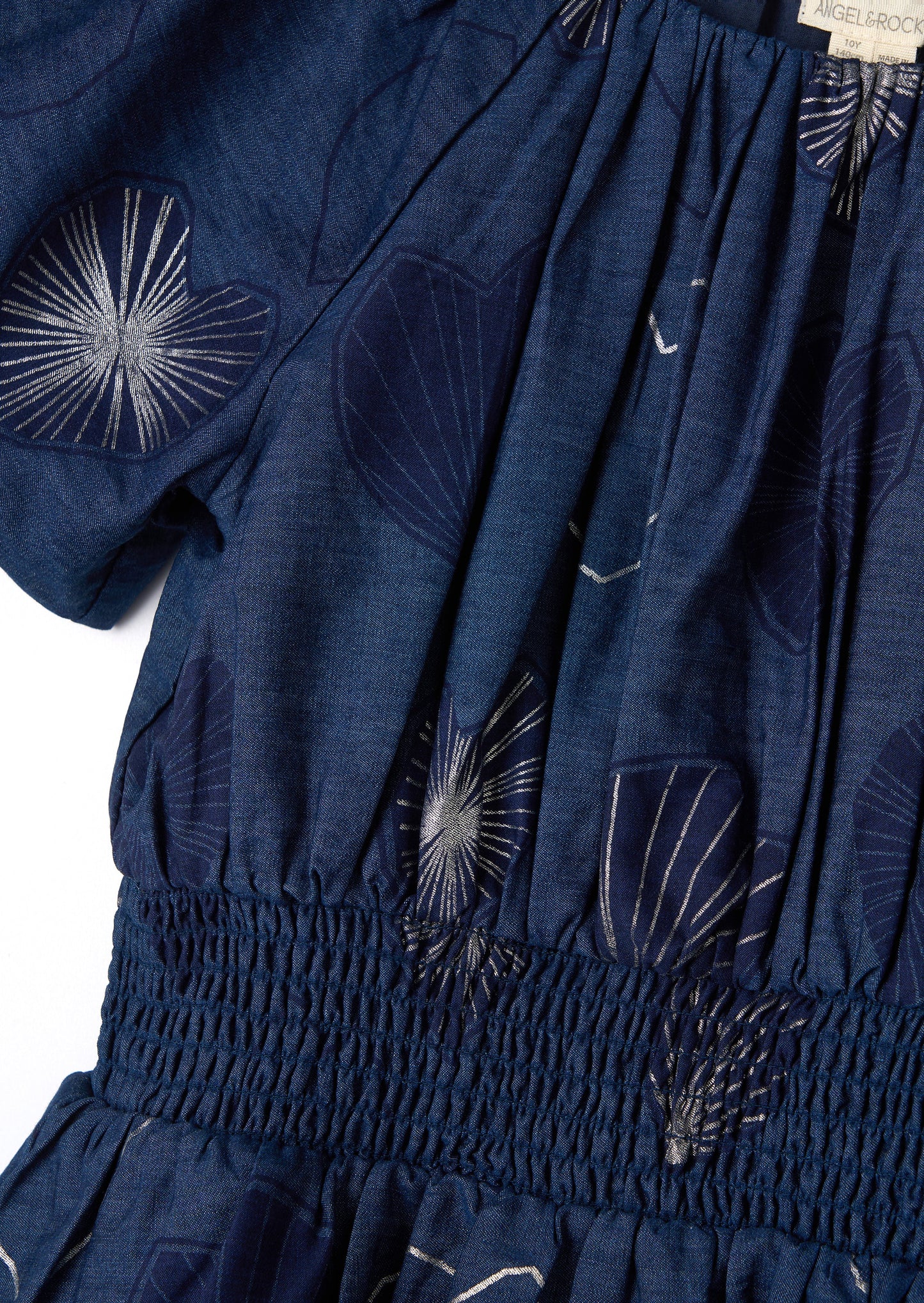 Eva Blue Foil Print Denim Tiered Dress