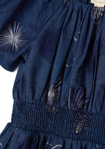 Eva Blue Foil Print Denim Tiered Dress