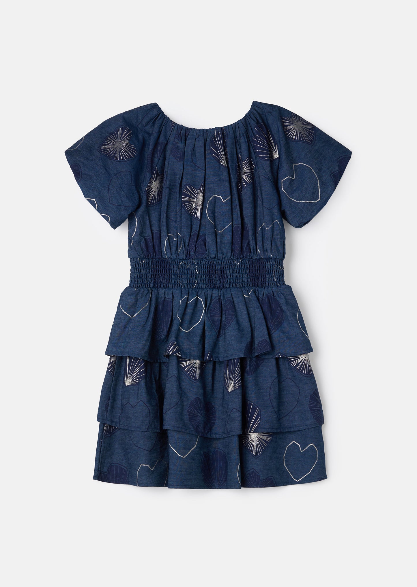 Eva Blue Foil Print Denim Tiered Dress