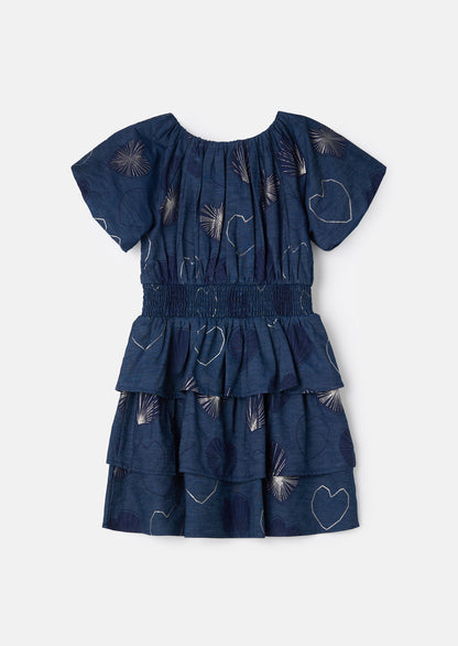Eva Blue Foil Print Denim Tiered Dress