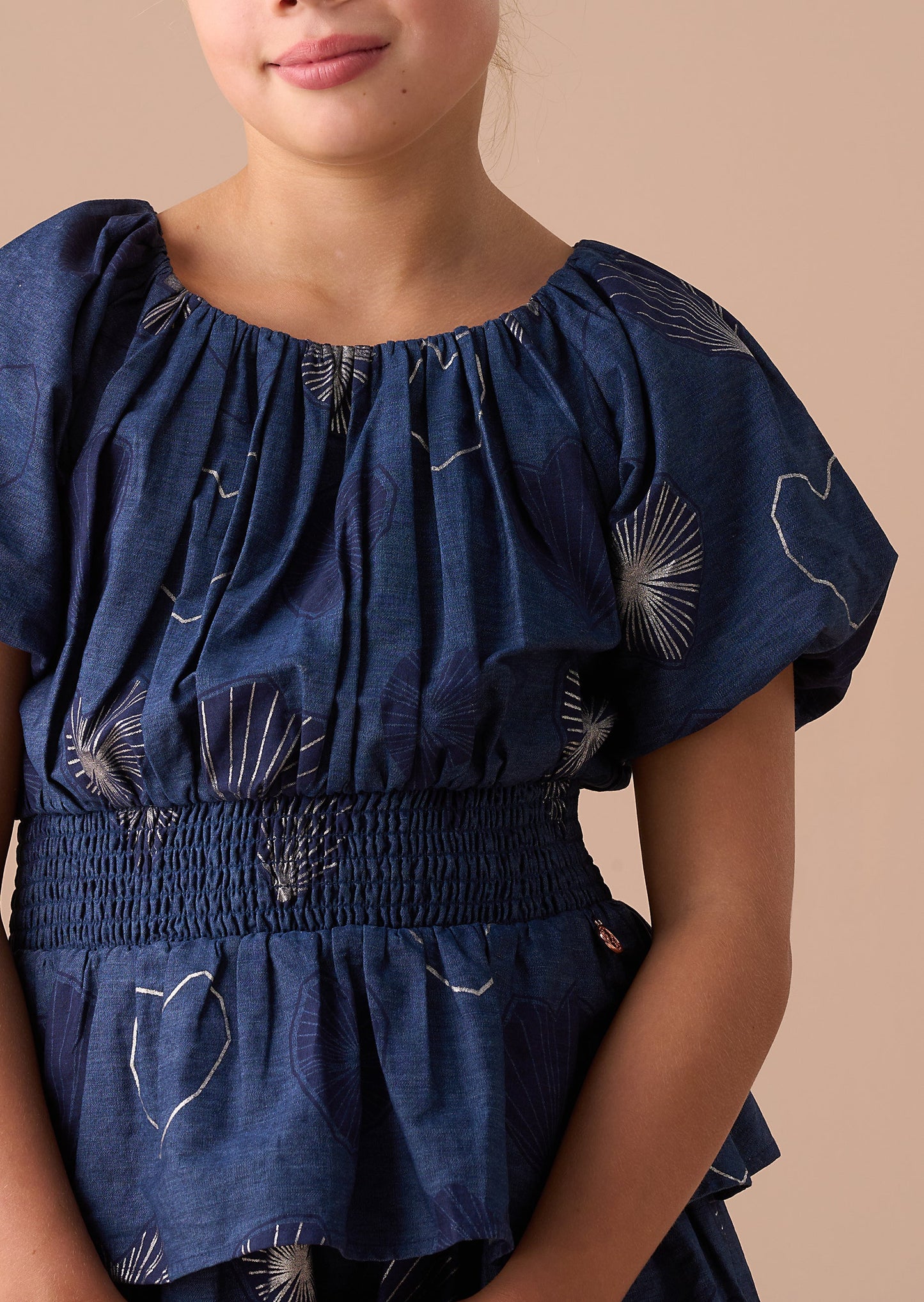 Eva Blue Foil Print Denim Tiered Dress