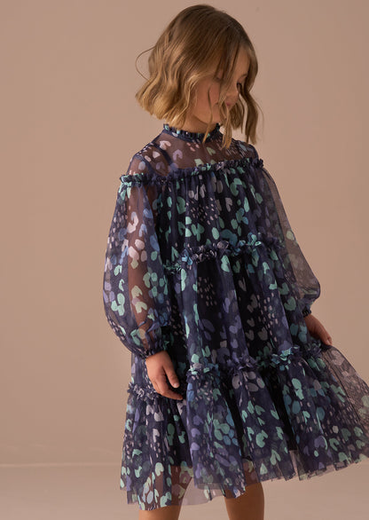 Cara Navy Printed Swing Mesh Dress