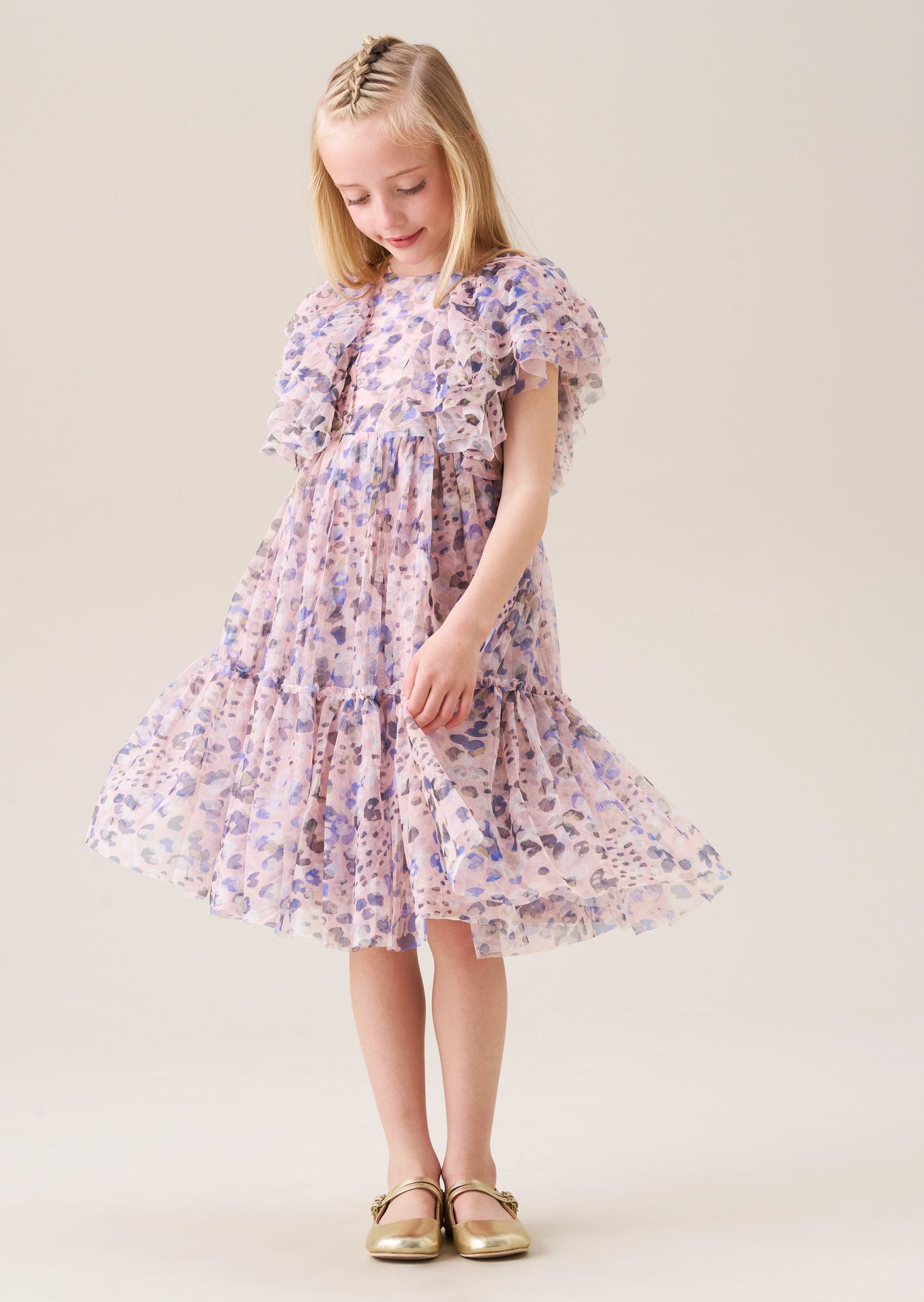 Juliana Pink Printed Frill Mesh Dress