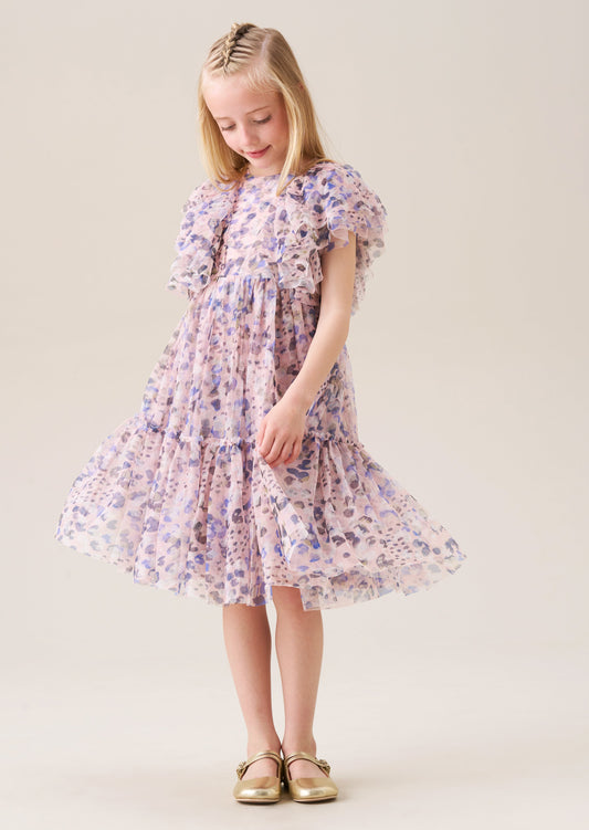 Juliana Pink Printed Frill Mesh Dress