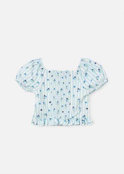 Pia Blue Print Shirred Top