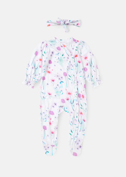 Fleur White Water Colour Print Frill Babygrow & Headband