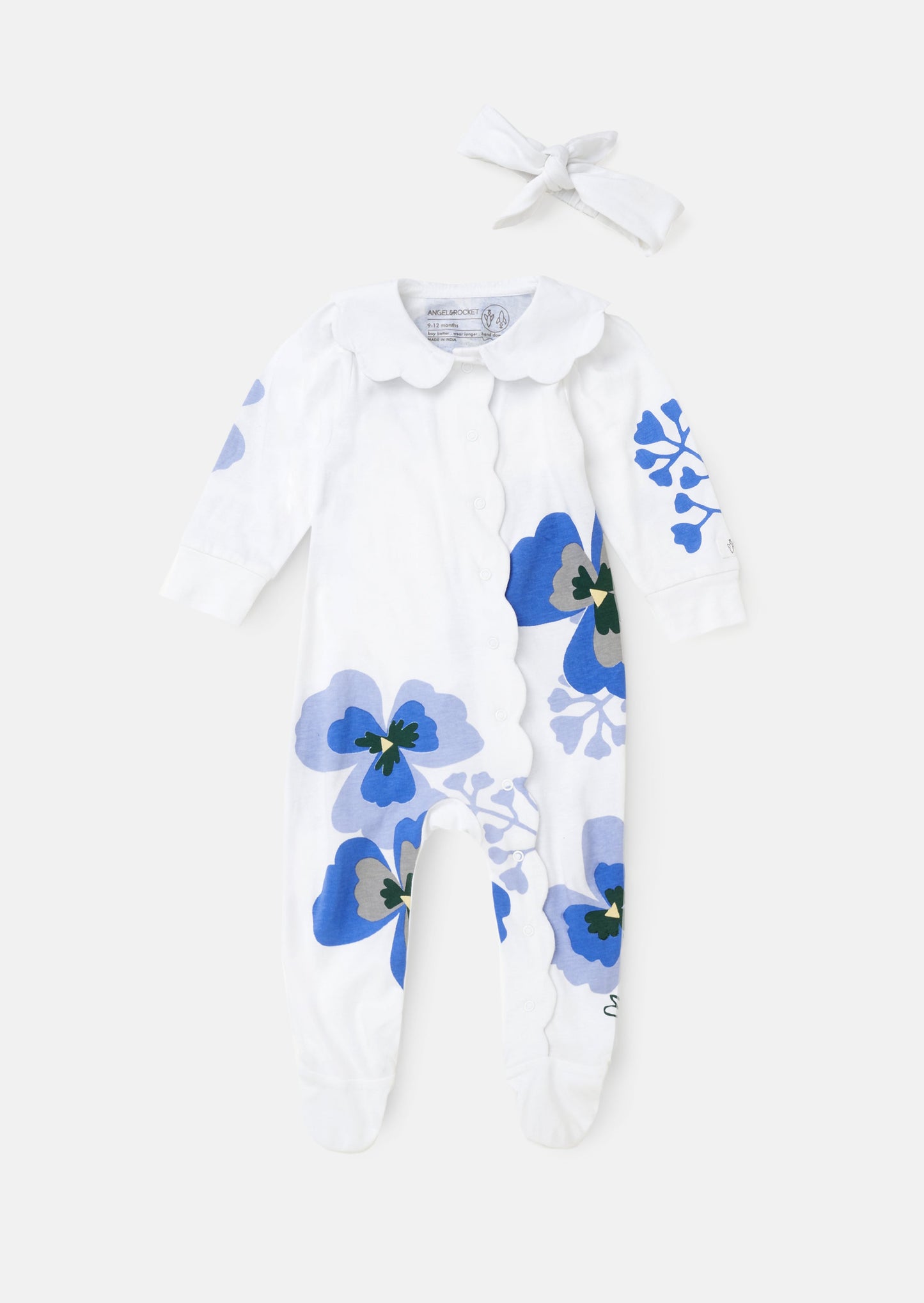Patsy Blue Pansy Print Collar Babygrow & Headband