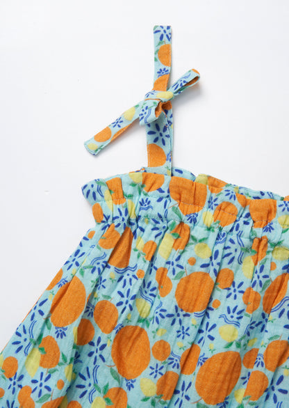 Carrie Blue Double Cloth Fruit Print Romper