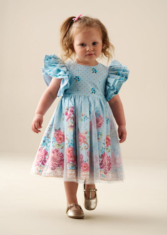 Izzy Printed Tulle Ruffle Sleeve Dress